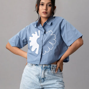 Blue Cropped Shirt with Oversized White Appliqué Flower