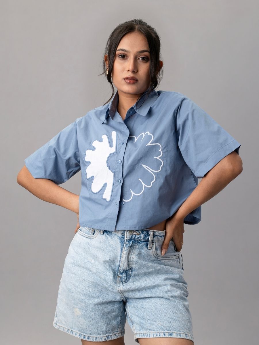 Blue Cropped Shirt with Oversized White Appliqué Flower
