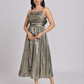 Metallic Gold Cowl-Neck Bow-Back Midi Dress