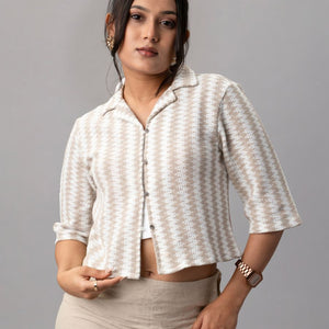 Beige Houndstooth Knit Crop Shirt