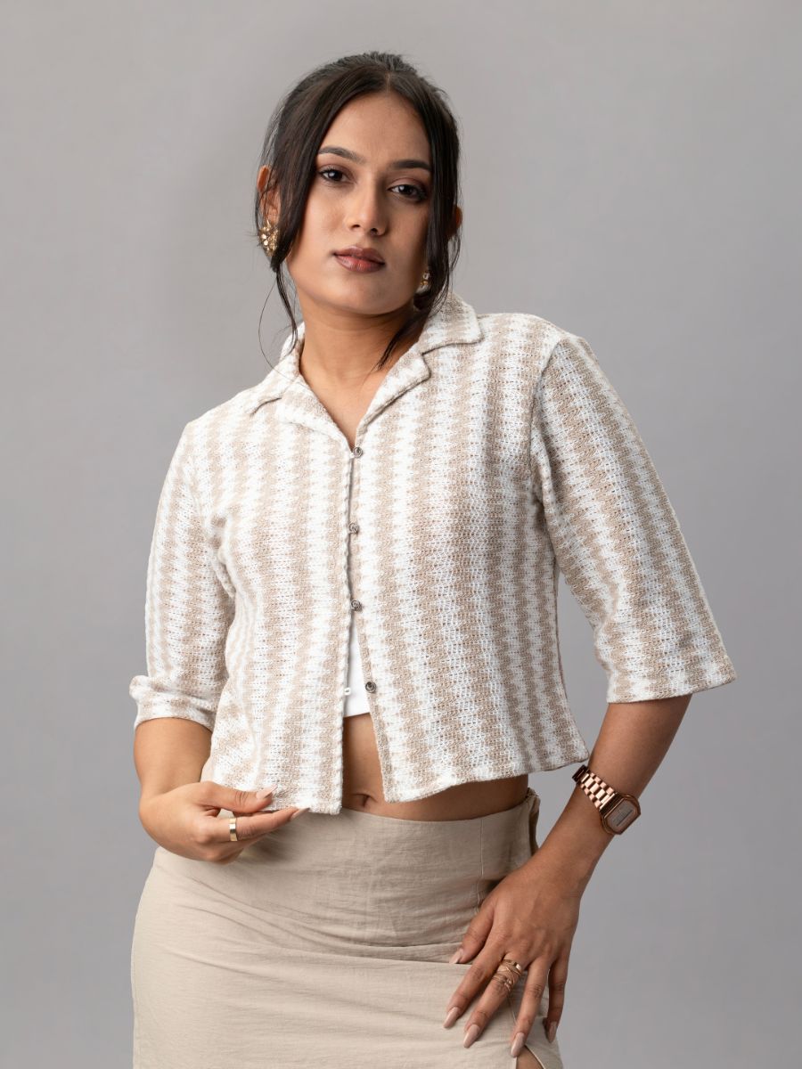 Beige Houndstooth Knit Crop Shirt