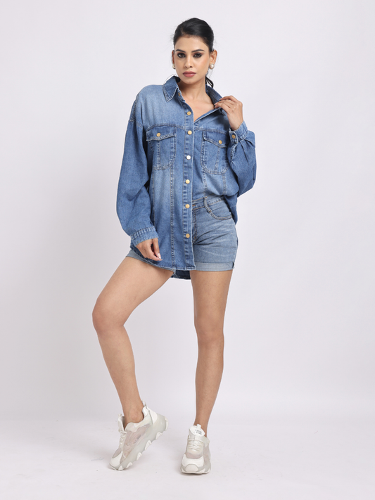Light Blue Oversized Denim Shirt with Dropped Shoulder