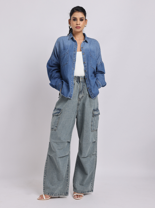 Oversized Blue Denim Shirt with Dropped Shoulder