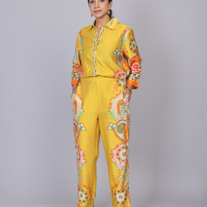 Yellow Silk Co-Ord Set with Floral Print