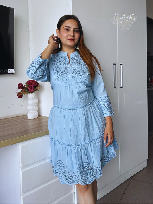 Sky Bloom Embroidered Cotton Dress