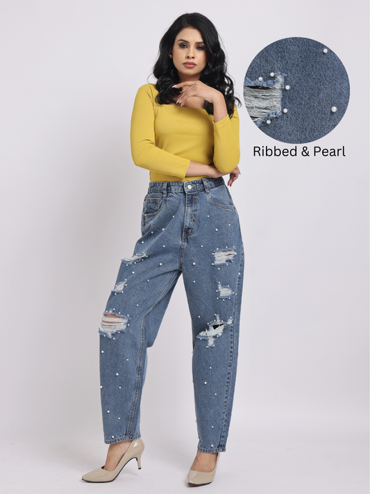 Dark Blue Pearl Embellished Distressed Jeans