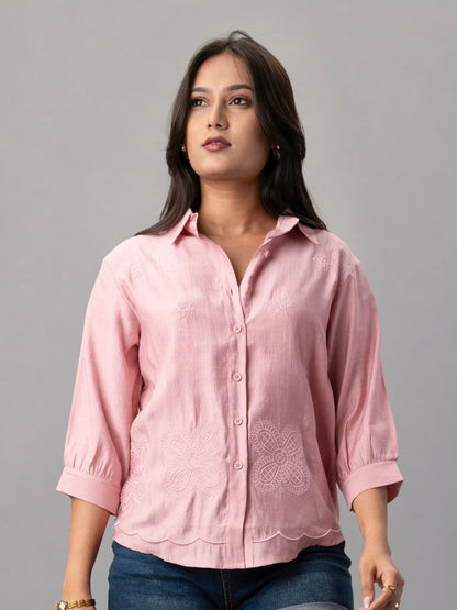 Blush Pink Scallop Hem Embroidered Shirt