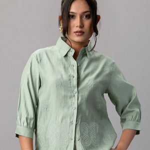 Sage Green Scallop Hem Embroidered Shirt