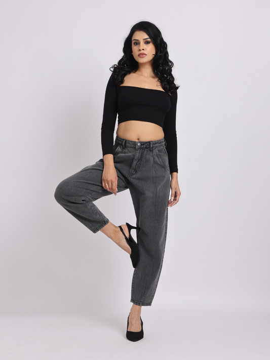 Grey Mid-Rise Tapered Denim Jeans