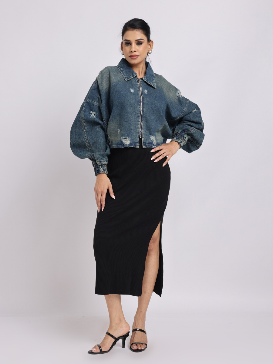 Blue Distressed Denim Jacket with Zip Closure