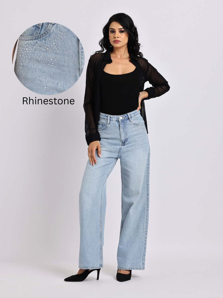 Light Blue Rhinestone-Embellished Wide-Leg Denim Jeans