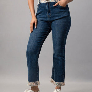 Embroidered Hem Ankle Denim