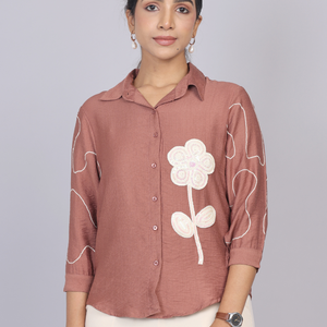 Blush Terra Brown Petal Embroidered Shirt
