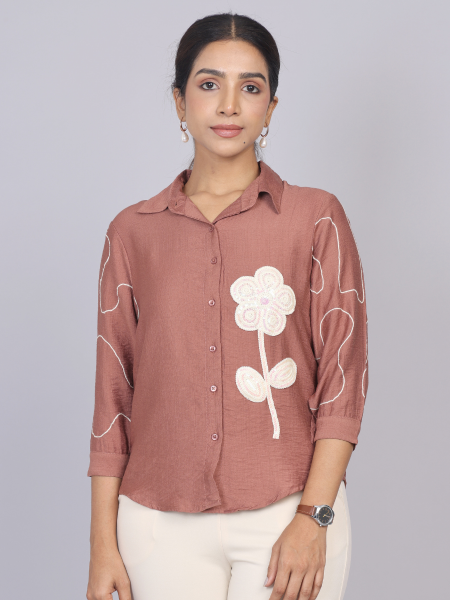 Blush Terra Brown Petal Embroidered Shirt