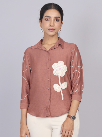 Blush Terra Brown Petal Embroidered Shirt