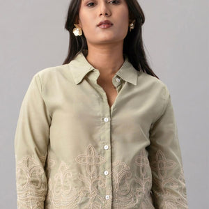 Olive Green Embroidered Button-Down Shirt