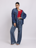 Dark Blue Oversized Denim Shirt with Dropped Shoulder