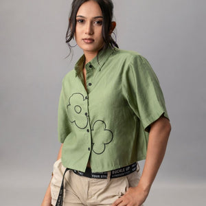 Sage Green Cropped Shirt with Floral Embroidery