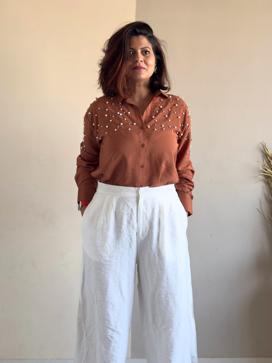 Brown Fit Pearl & Diamond-Embellished Shirt