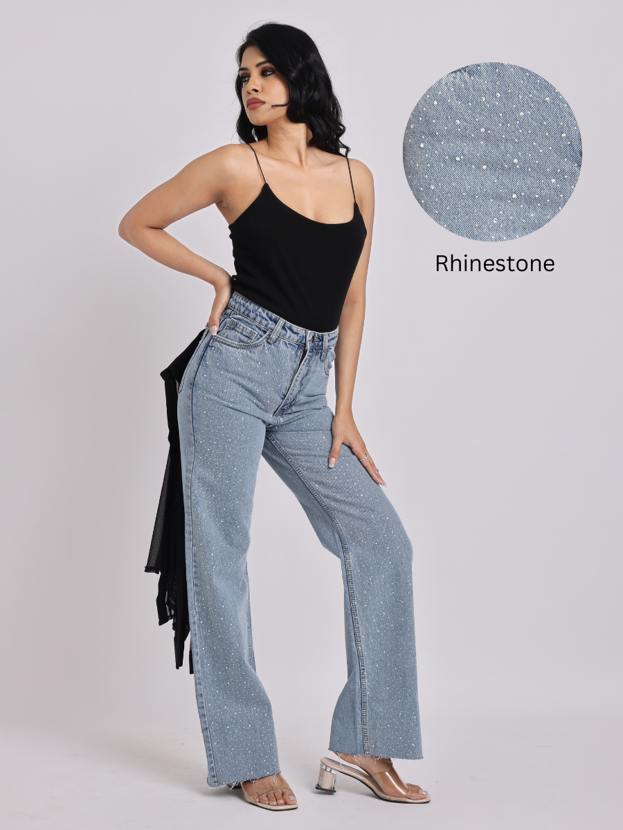 Light Blue Rhinestone Studded Straight-Fit Denim Jeans
