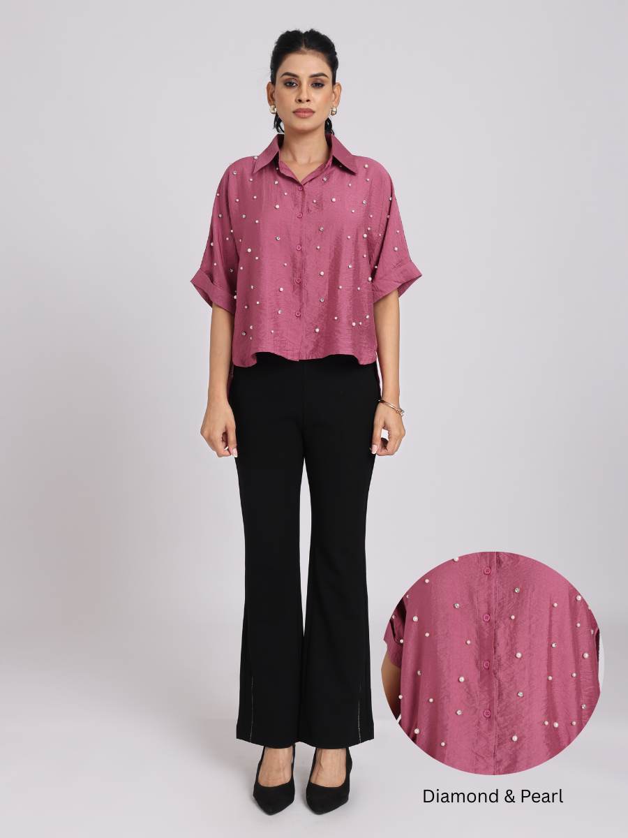 Rosy Pink Pearl-Diamond Oversized Shirt