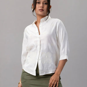 Classic White Embroidered Scallop Hem Shirt