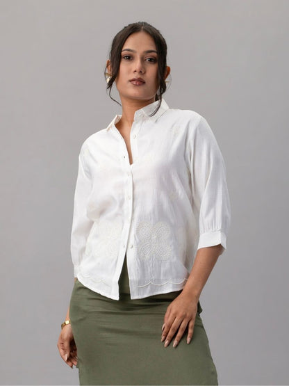 Classic White Embroidered Scallop Hem Shirt