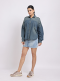 Oversized Dark Mid Blue Denim Shirt with Dropped Shoulder