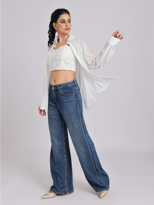 White Lace Crop Top with Sheer Shirt