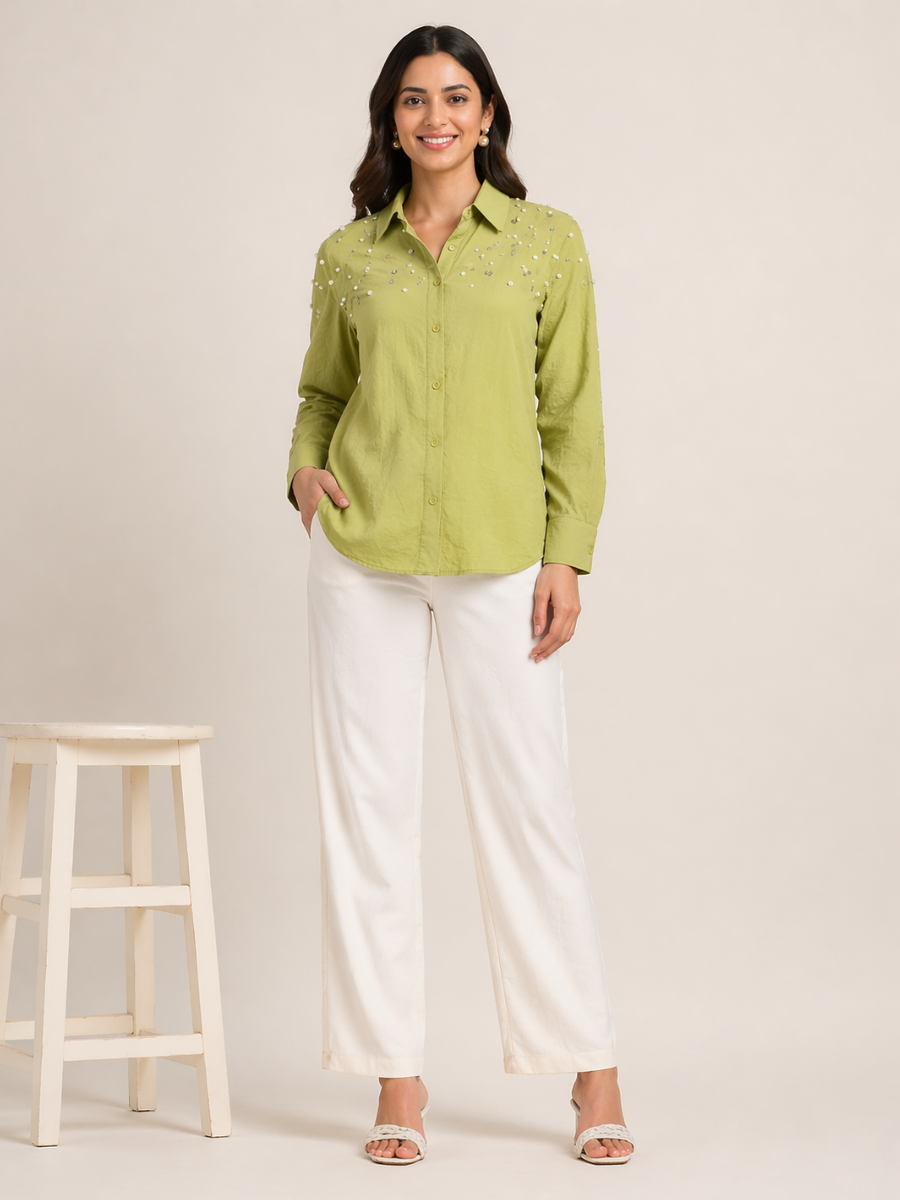 Olive Green Fit Pearl & Diamond-Embellished Shirt