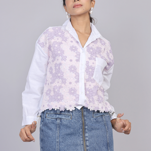 Lilac Lace Patch Cotton Shirt with Drawstring Hem