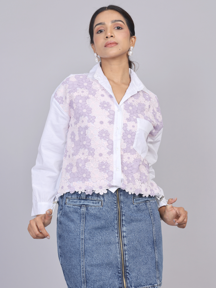 Lilac Lace Patch Cotton Shirt with Drawstring Hem