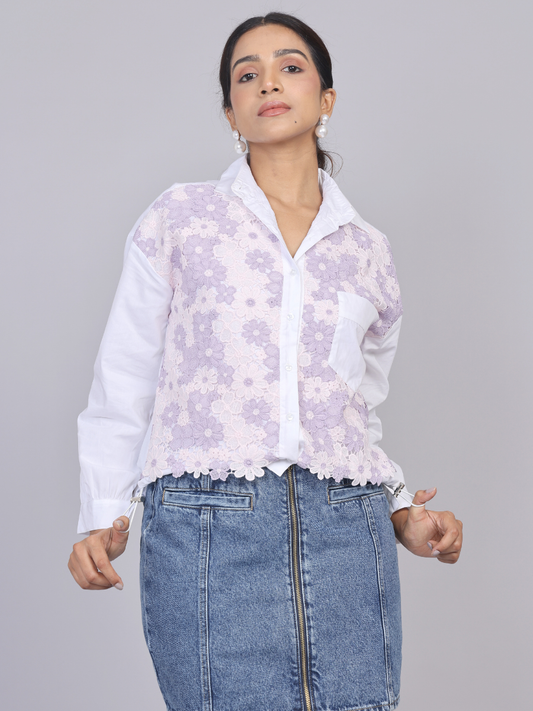 Lilac Lace Patch Cotton Shirt with Drawstring Hem
