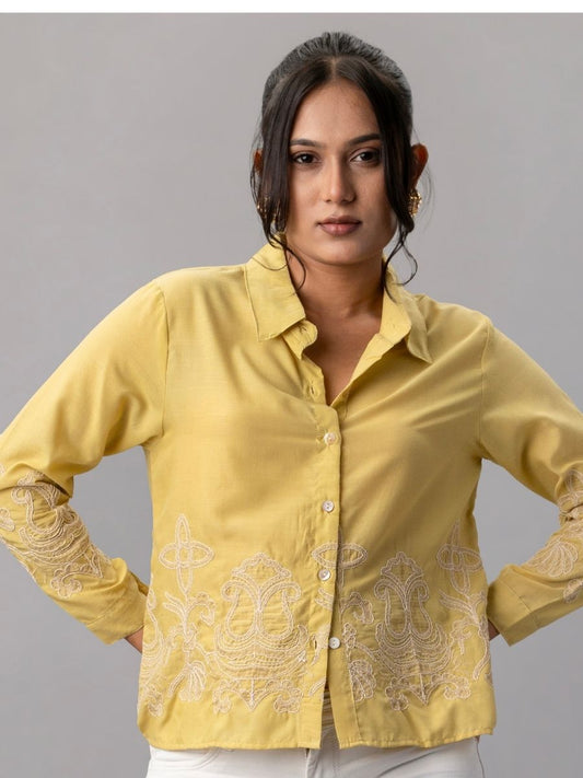 Mustard Yellow Shirt with Intricate Beige Embroidery