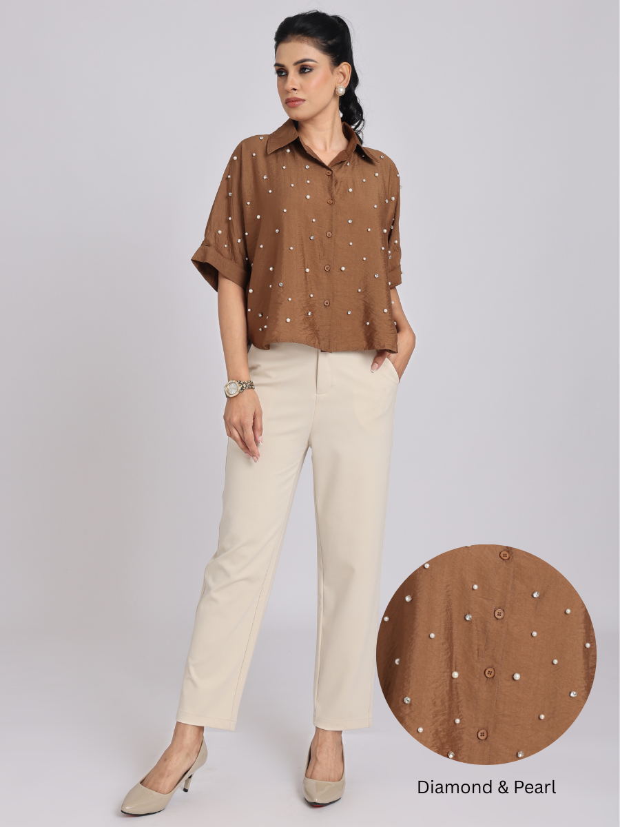 Cocoa Brown Pearl-Diamond Oversized Shirt