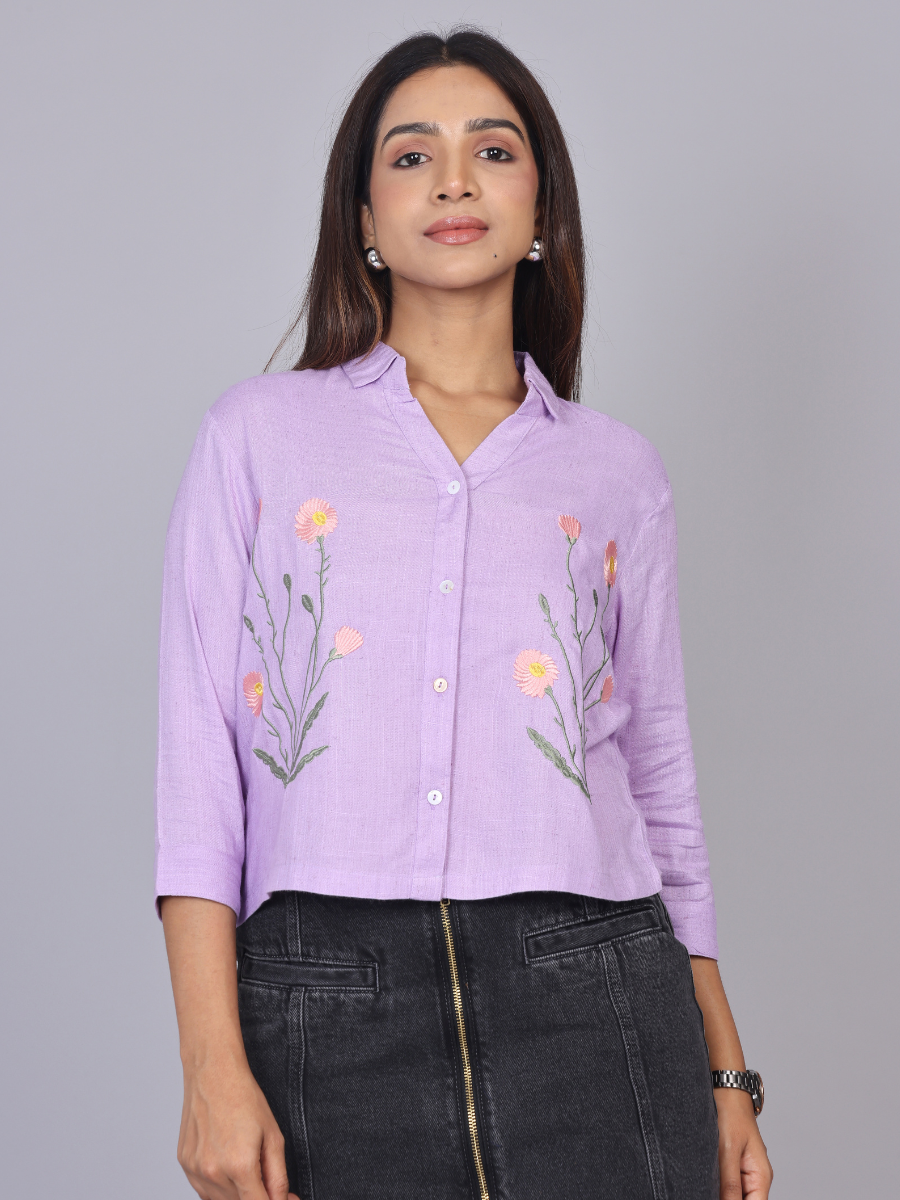 Lavender Blossom Embroidered Cotton Shirt