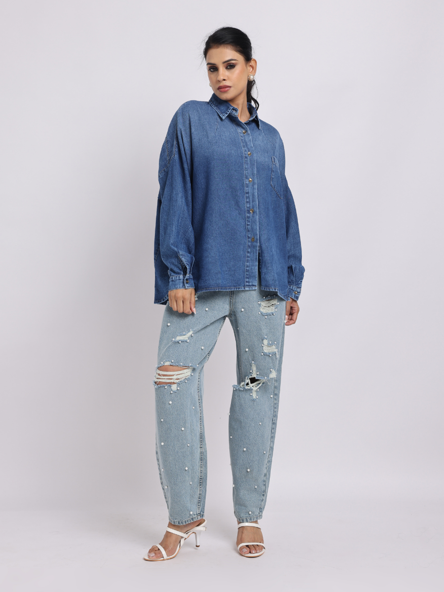 Oversized Mid-Blue Denim Shirt