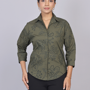 Deep Olive Cutwork Shirt
