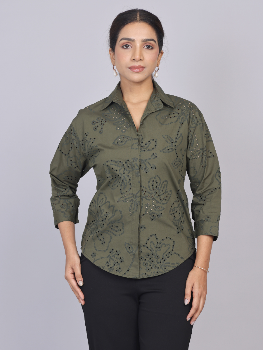 Deep Olive Cutwork Shirt