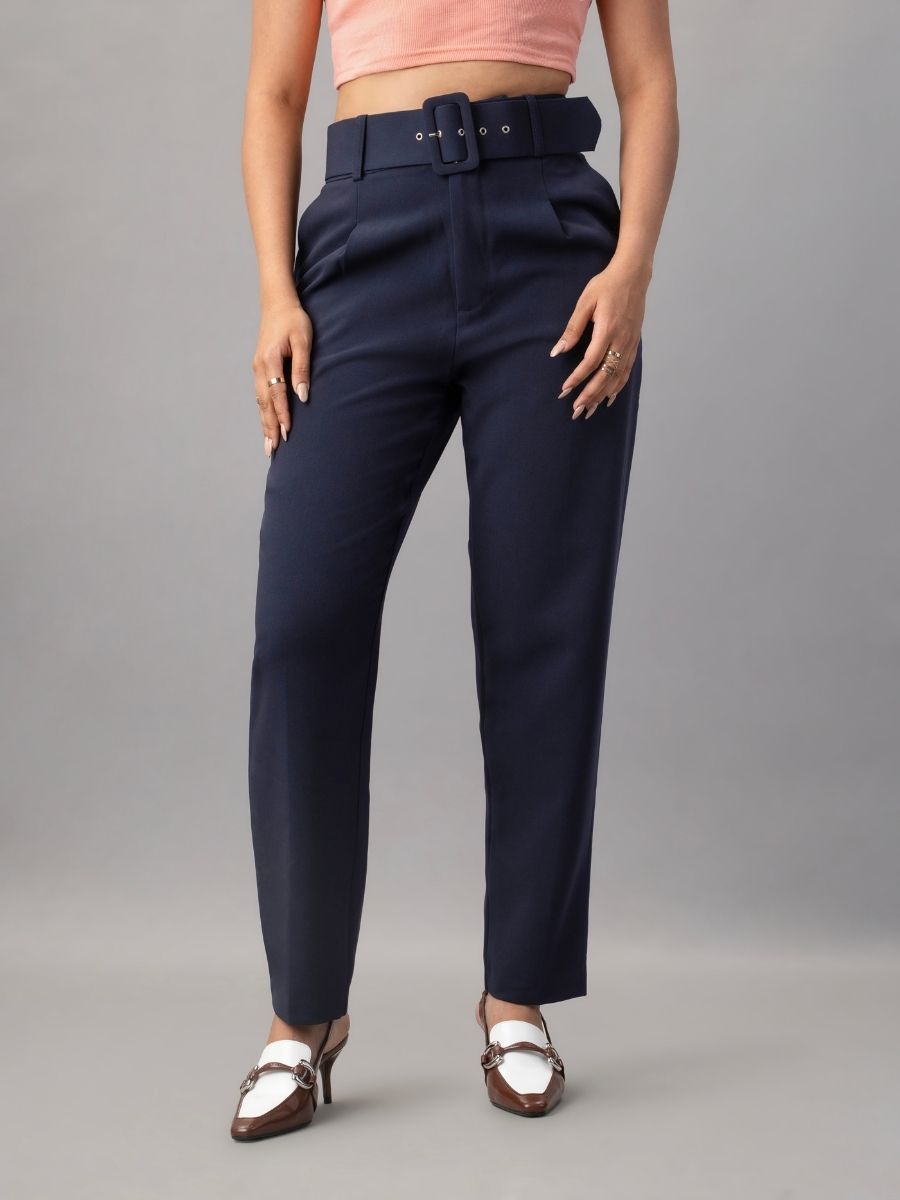 Navy High Waist Tapered Trousers with Belt