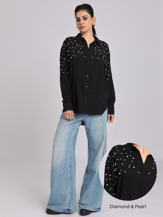 Black Oversized Pearl & Diamond Embellished Shirt