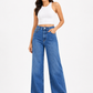 Blue Rhinestone Embellished High Waist Wide Leg Jeans