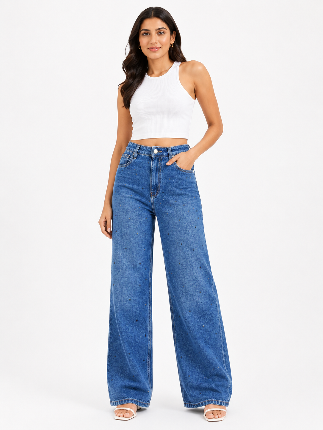 Blue Rhinestone Embellished High Waist Wide Leg Jeans