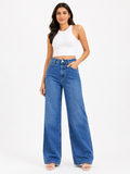 Blue Rhinestone Embellished High Waist Wide Leg Jeans
