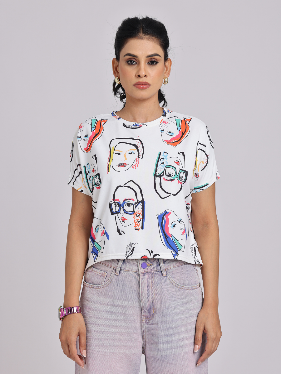 Face Print Relaxed Fit White T-Shirt