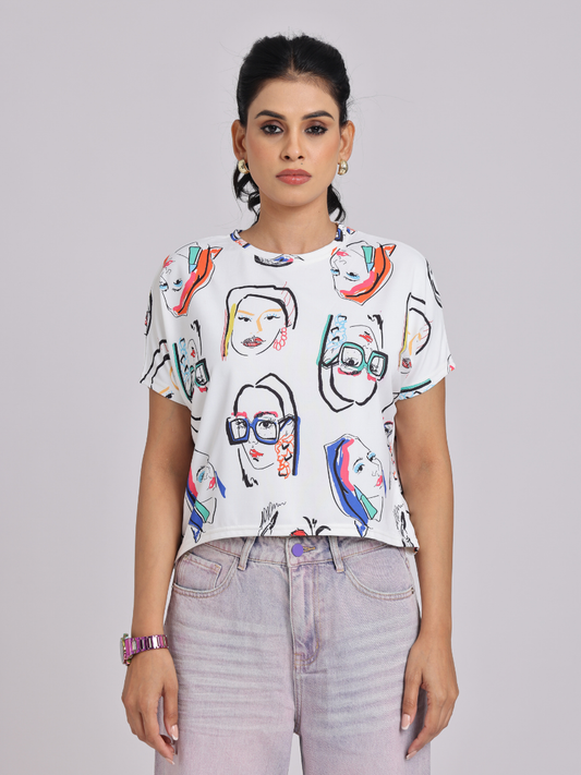 Face Print Relaxed Fit White T-Shirt