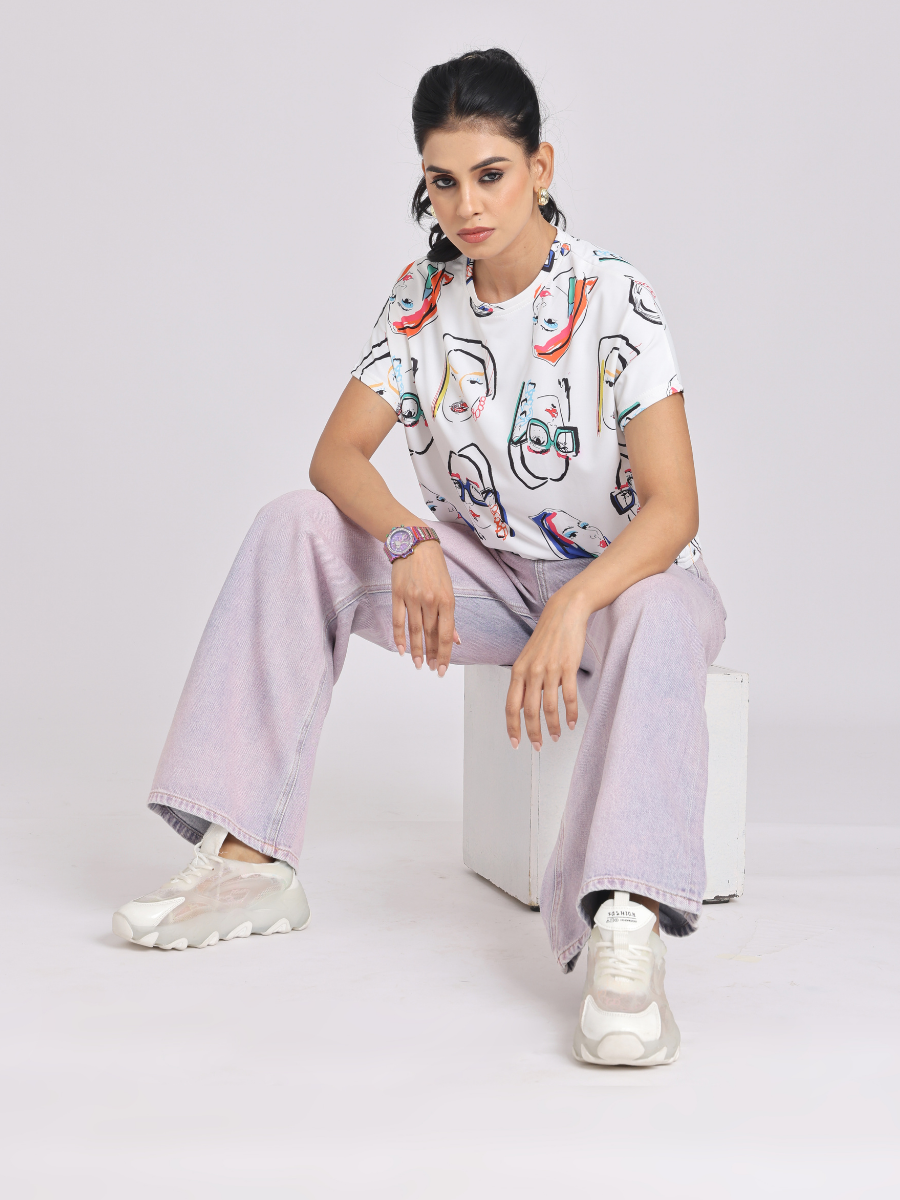 Face Print Relaxed Fit White T-Shirt