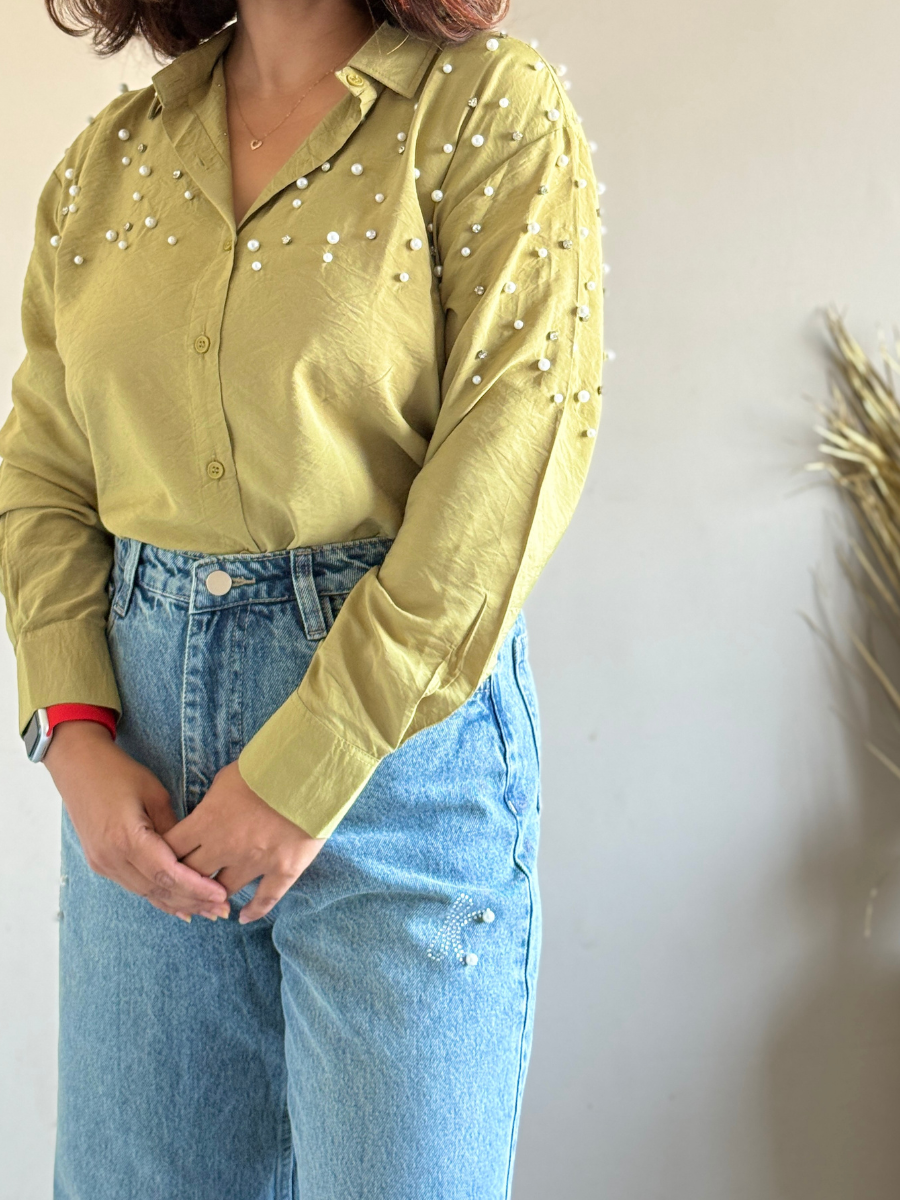 Olive Green Fit Pearl & Diamond-Embellished Shirt