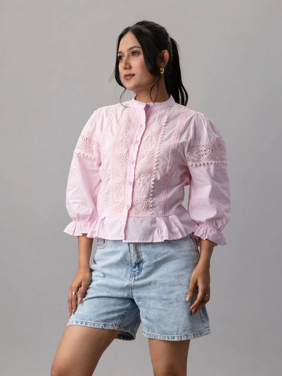 Rose Reverie Pink Lace Victorian Puff Sleeve Top