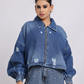 Blue Distressed Denim Jacket with Zip Closure
